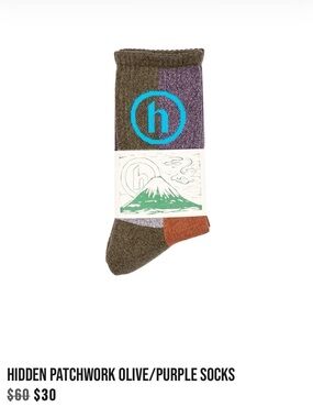 Patchwork Olive & Purple Crew Socks with Rust Toe